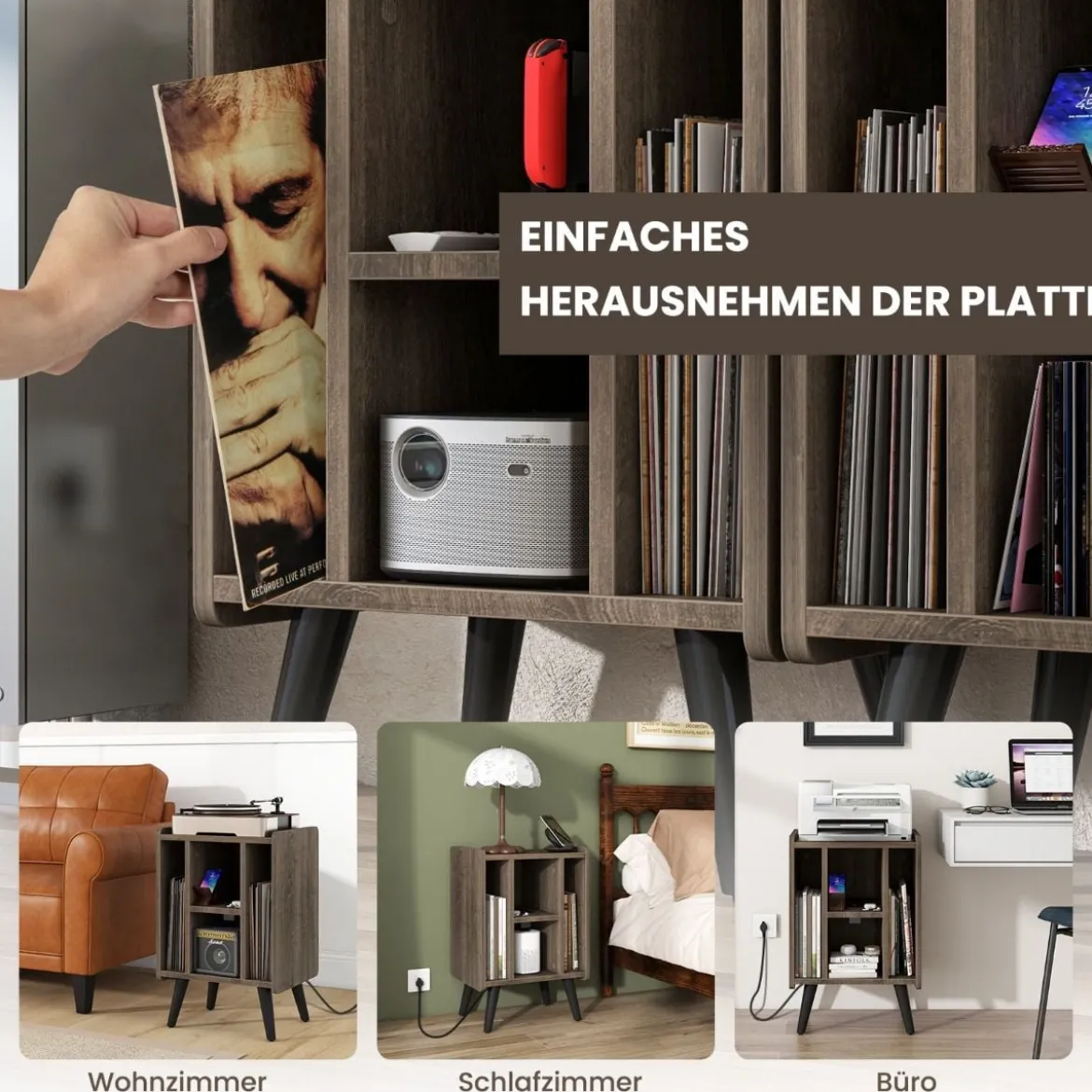 Plattenspieler-Ständer mit Ladestation & 4 Offenen Ablagen Vinylplatten Plattenspielertisch Vintage/Grau