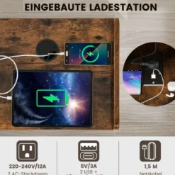 Plattenspieler-Ständer mit Ladestation & 4 Offenen Ablagen Vinylplatten Plattenspielertisch Vintage/Grau