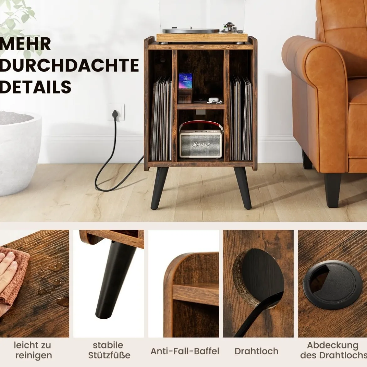 Plattenspieler-Ständer mit Ladestation & 4 Offenen Ablagen Vinylplatten Plattenspielertisch Vintage/Grau