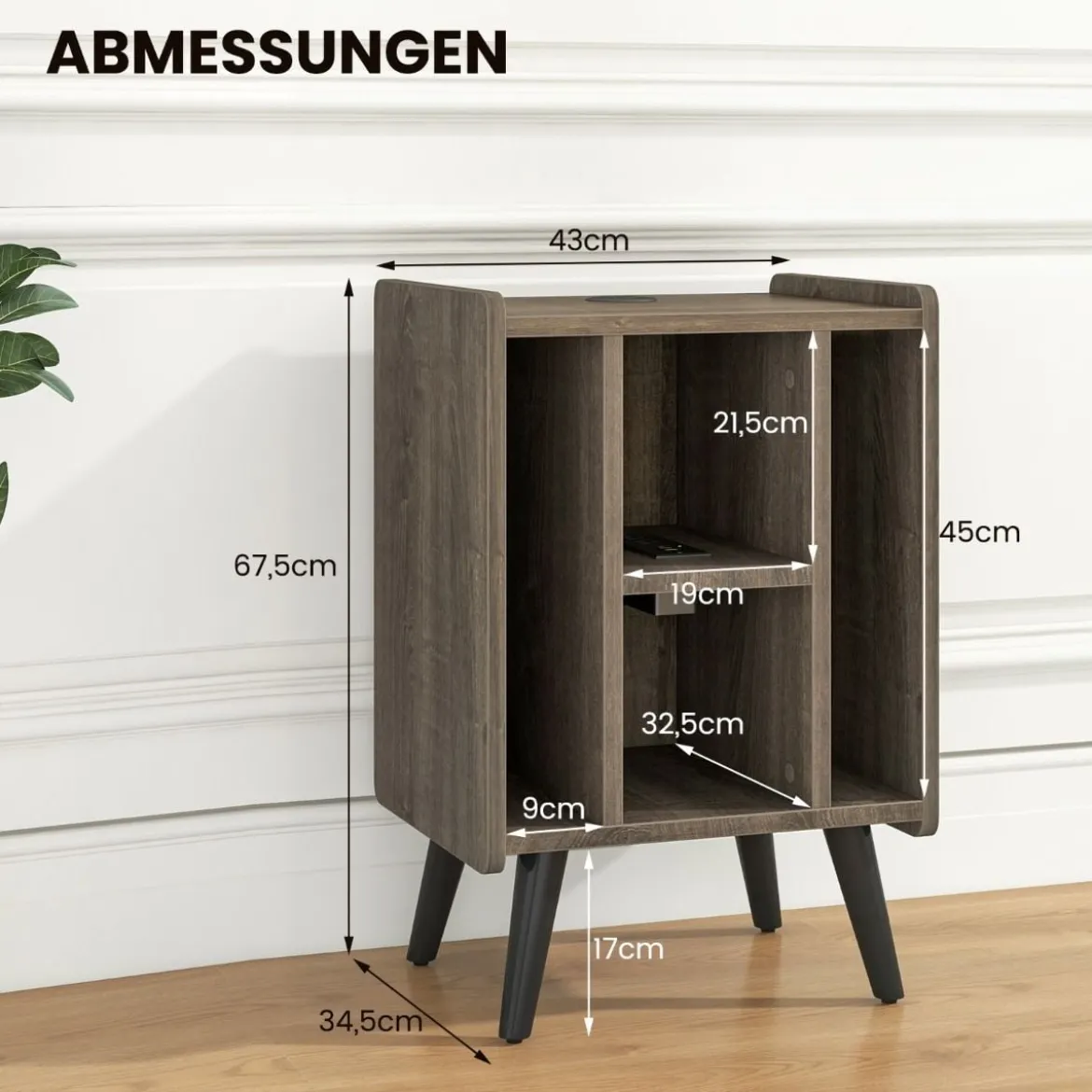 Plattenspieler-Ständer mit Ladestation & 4 Offenen Ablagen Vinylplatten Plattenspielertisch Vintage/Grau