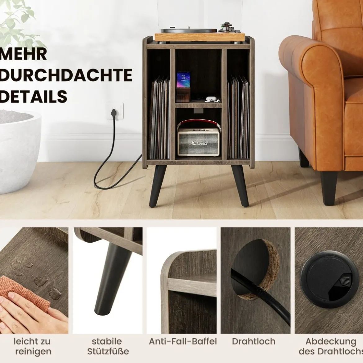 Plattenspieler-Ständer mit Ladestation & 4 Offenen Ablagen Vinylplatten Plattenspielertisch Vintage/Grau