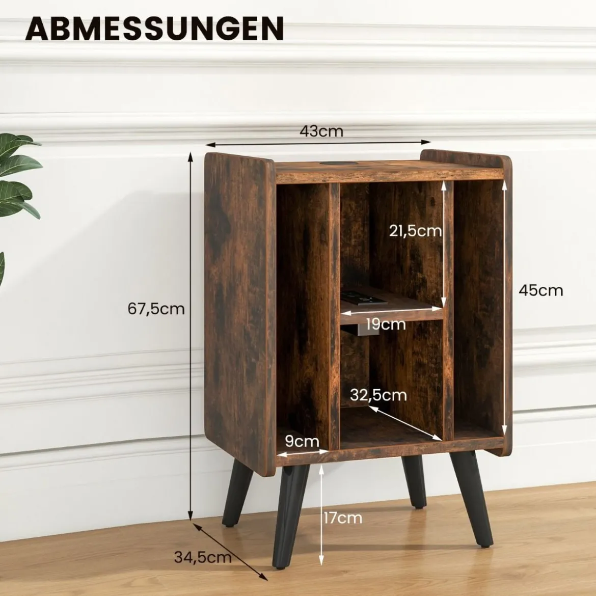 Plattenspieler-Ständer mit Ladestation & 4 Offenen Ablagen Vinylplatten Plattenspielertisch Vintage/Grau