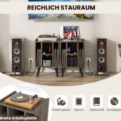Plattenspieler-Ständer mit Ladestation & 4 Offenen Ablagen Vinylplatten Plattenspielertisch Vintage/Grau