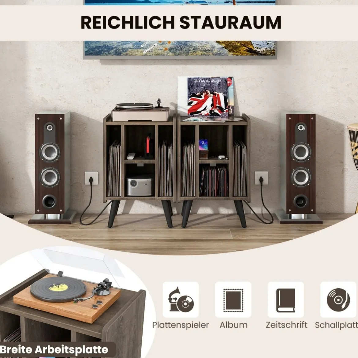 Plattenspieler-Ständer mit Ladestation & 4 Offenen Ablagen Vinylplatten Plattenspielertisch Vintage/Grau