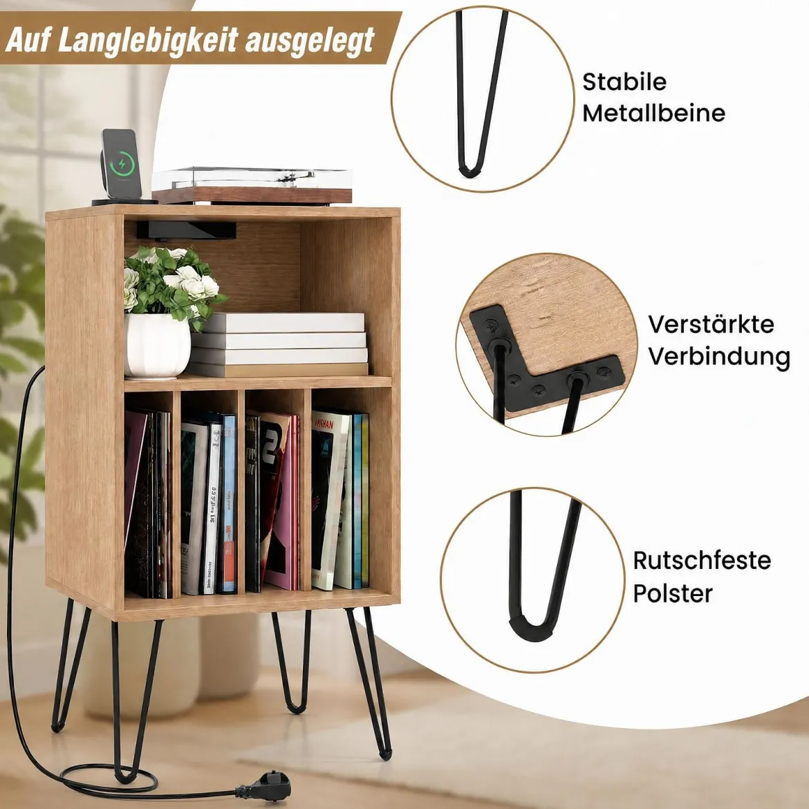 Plattenspieler-Ständer mit Ladestation 3-stufiger Schallplattenständer 48 x 40 x 88 cm