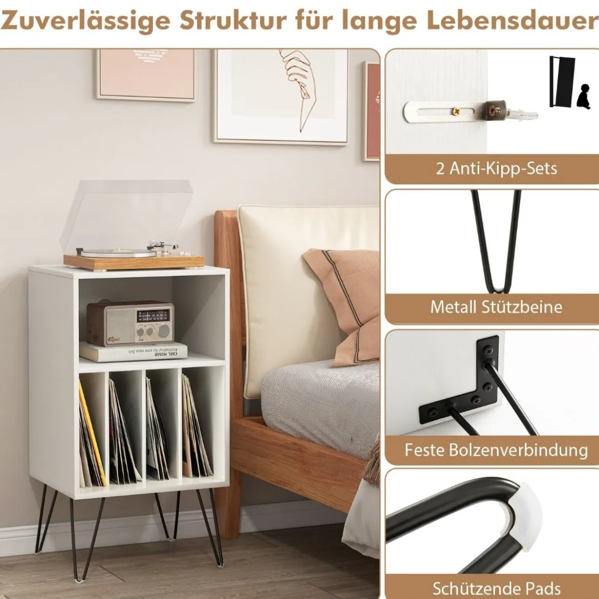 Plattenspieler-Ständer mit Ladestation 3-stufiger Schallplattenständer 48 x 40 x 88 cm