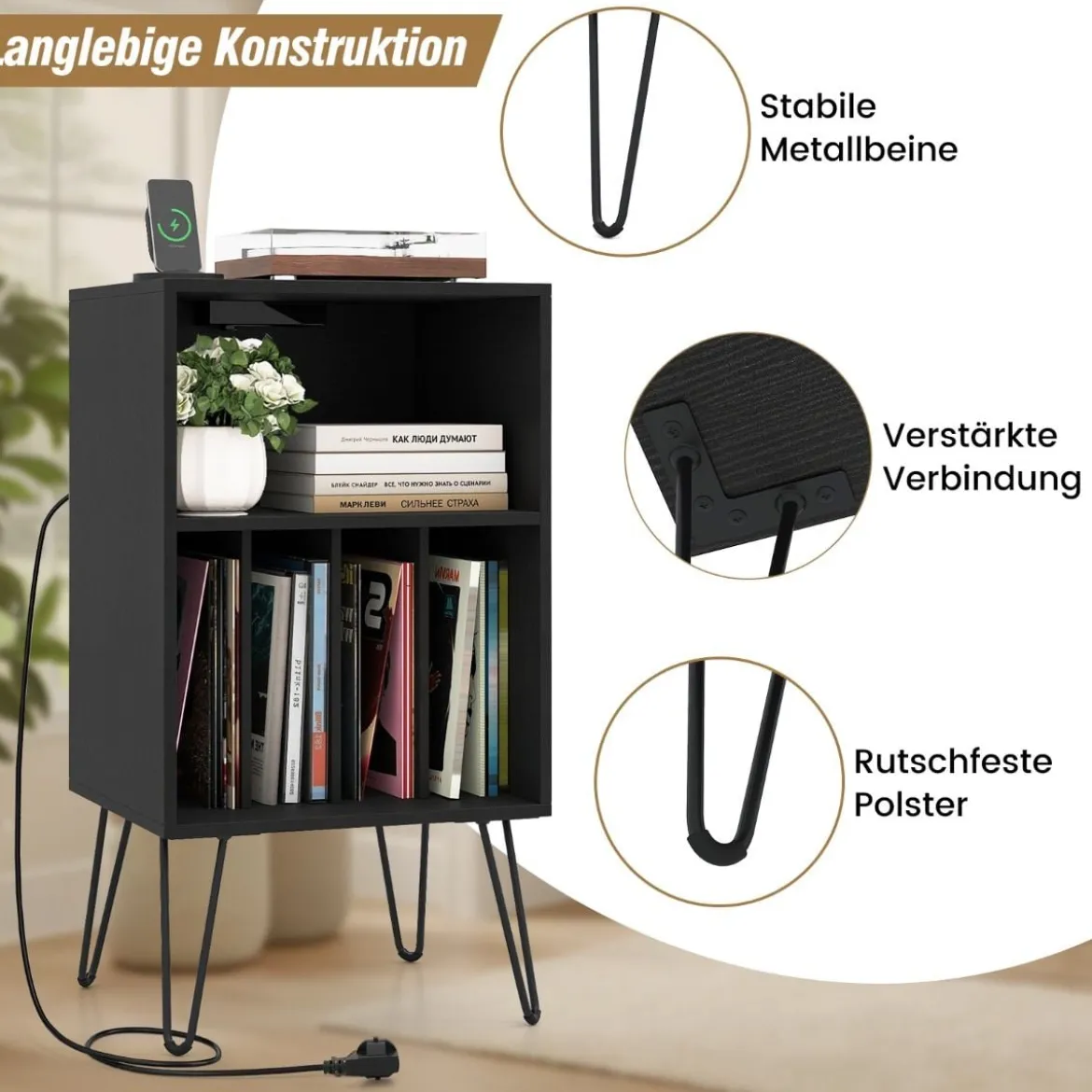 Plattenspieler-Ständer mit Ladestation 3-stufiger Schallplattenständer 48 x 40 x 88 cm