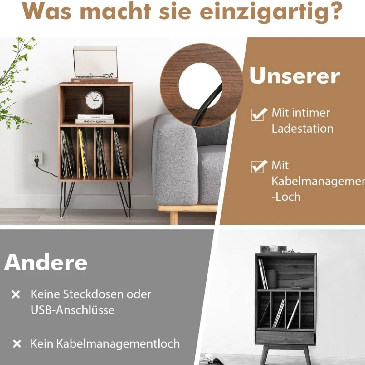 Plattenspieler-Ständer mit Ladestation 3-stufiger Schallplattenständer 48 x 40 x 88 cm