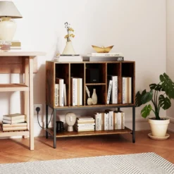 Plattenspielerständer mit Ladestation & Vinyl-Aufbewahrung Beistellschrank Vinyl-Display Regal Kaffee