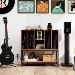 Plattenspielerständer mit Ladestation & Vinyl-Aufbewahrung Beistellschrank Vinyl-Display Regal Kaffee