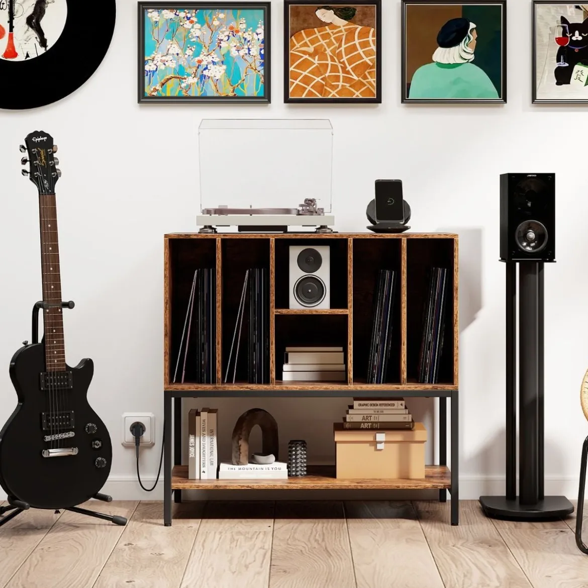 Plattenspielerständer mit Ladestation & Vinyl-Aufbewahrung Beistellschrank Vinyl-Display Regal Kaffee