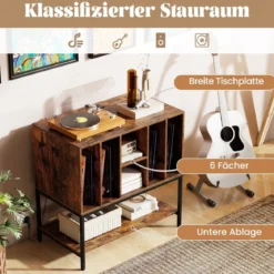 Plattenspielerständer mit Ladestation & Vinyl-Aufbewahrung Beistellschrank Vinyl-Display Regal Kaffee