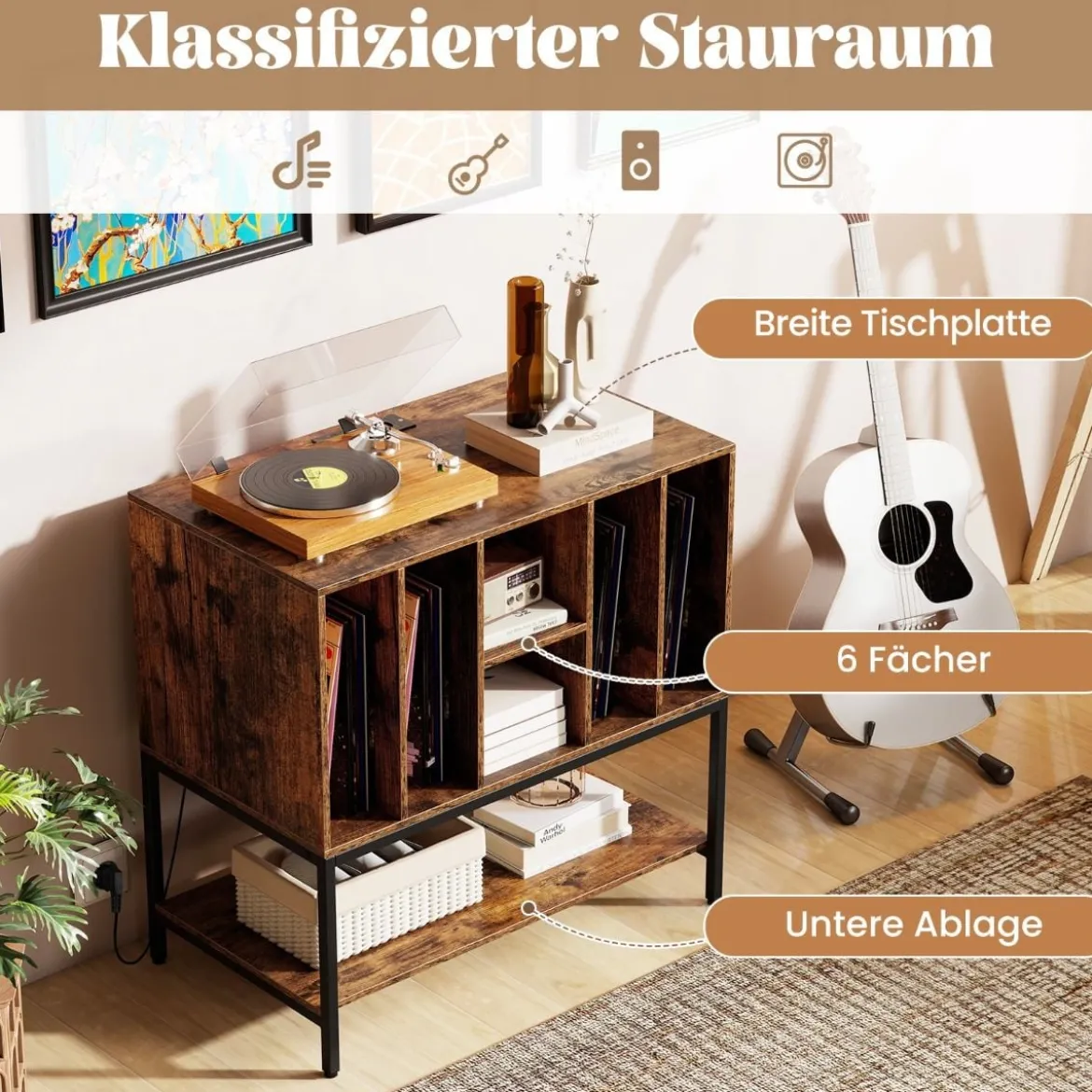 Plattenspielerständer mit Ladestation & Vinyl-Aufbewahrung Beistellschrank Vinyl-Display Regal Kaffee