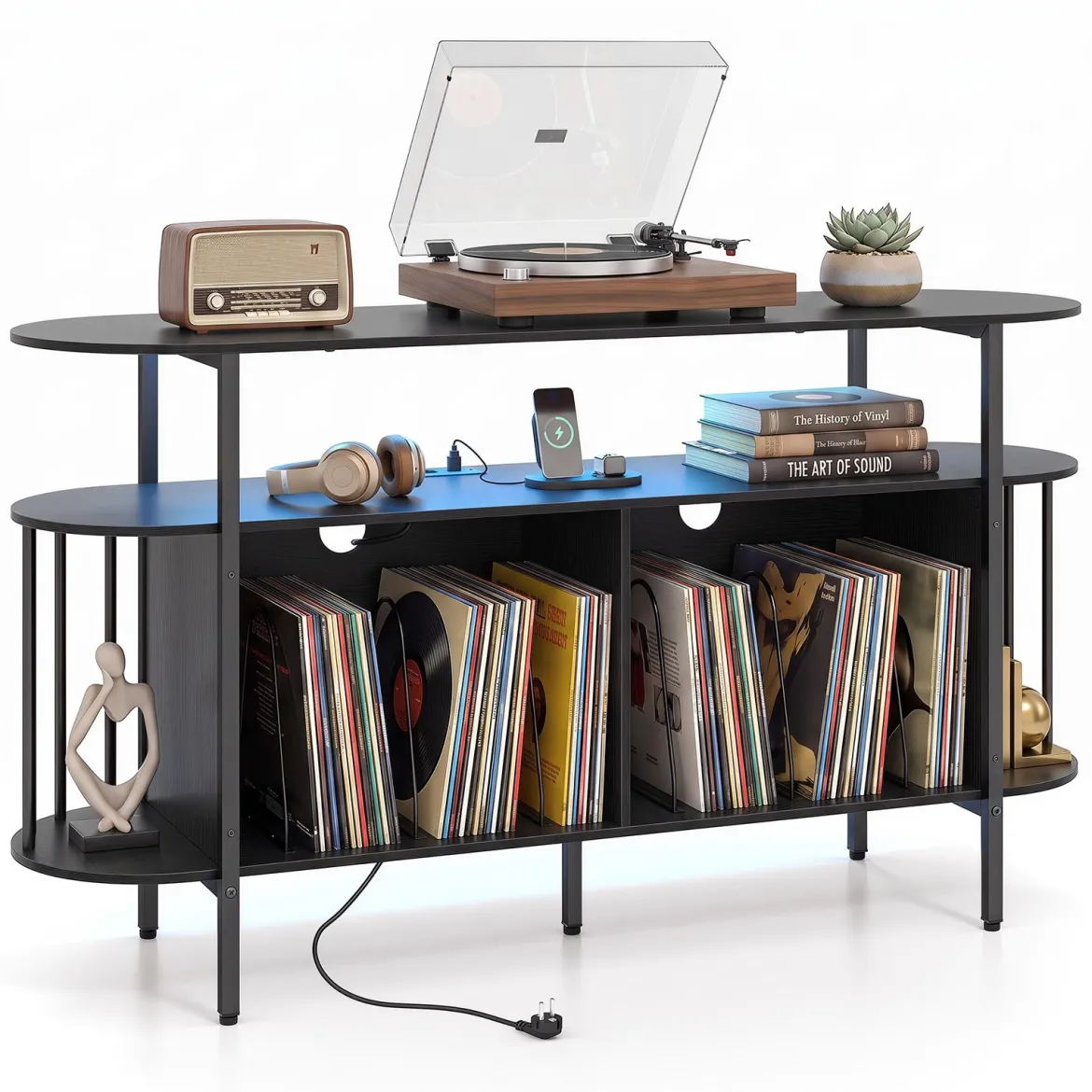 Plattenspieler-Ständer mit Ladestation & Farbigen LED-Leuchten 140 x 40 x 76 cm Schwarz