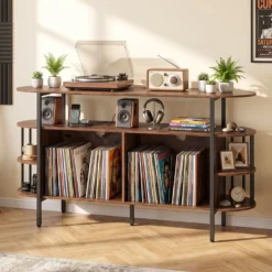 Plattenspieler-Ständer mit Ladestation & Farbigen LED-Leuchten 140 x 40 x 76 cm Rustikalbraun