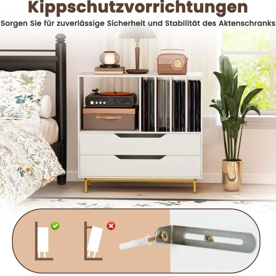 Plattenspieler-Ständer mit 4 Vinyl-Fächern & 2 Schubladen Retro Vinyl Halterung Weiß