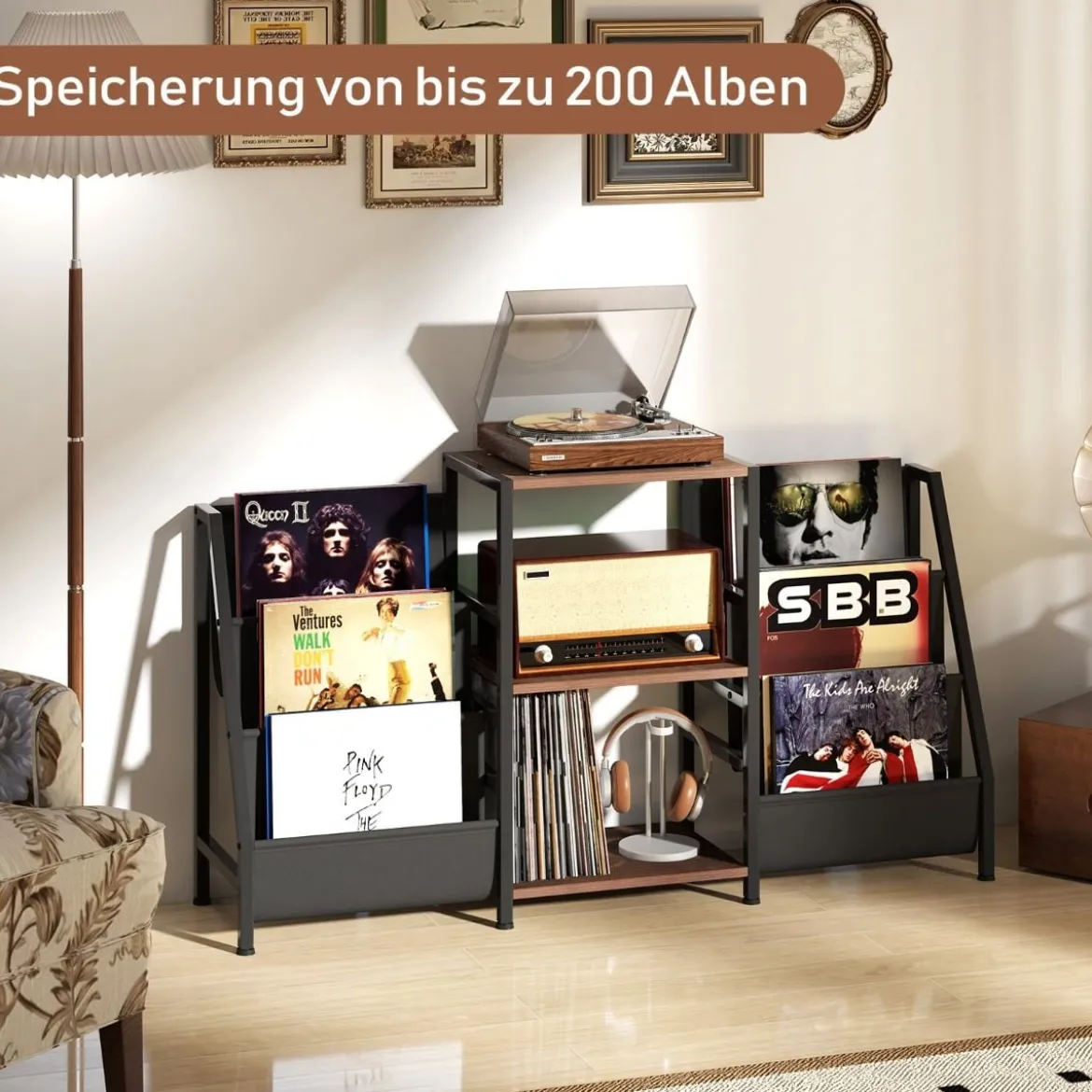 Plattenspielerständer mit Vinyl-Regal & 3 Ablagen & 6 Aufbewahrungstaschen Schallplattenständer
