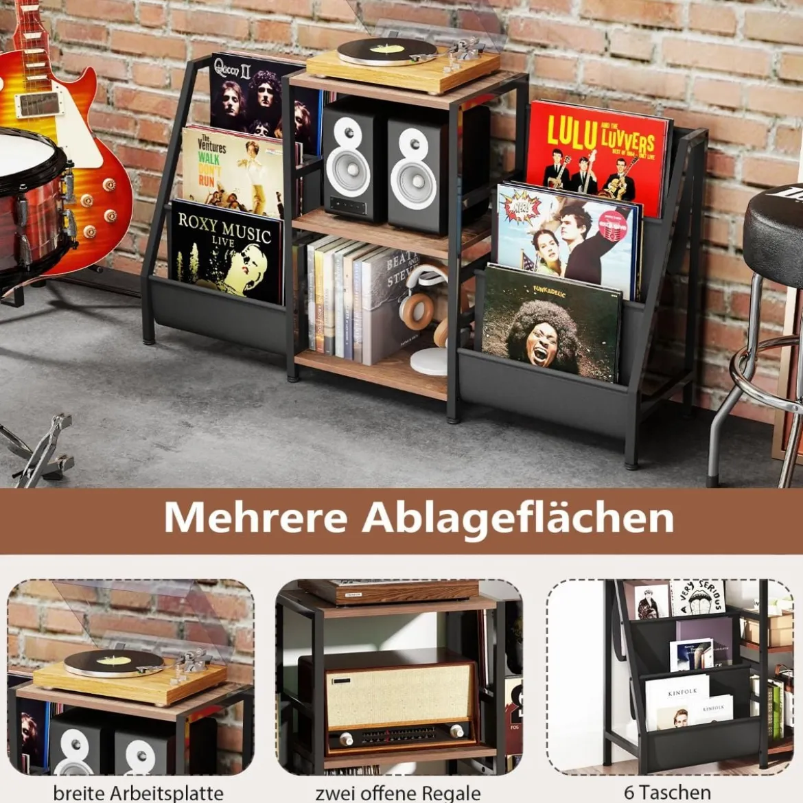 Plattenspielerständer mit Vinyl-Regal & 3 Ablagen & 6 Aufbewahrungstaschen Schallplattenständer
