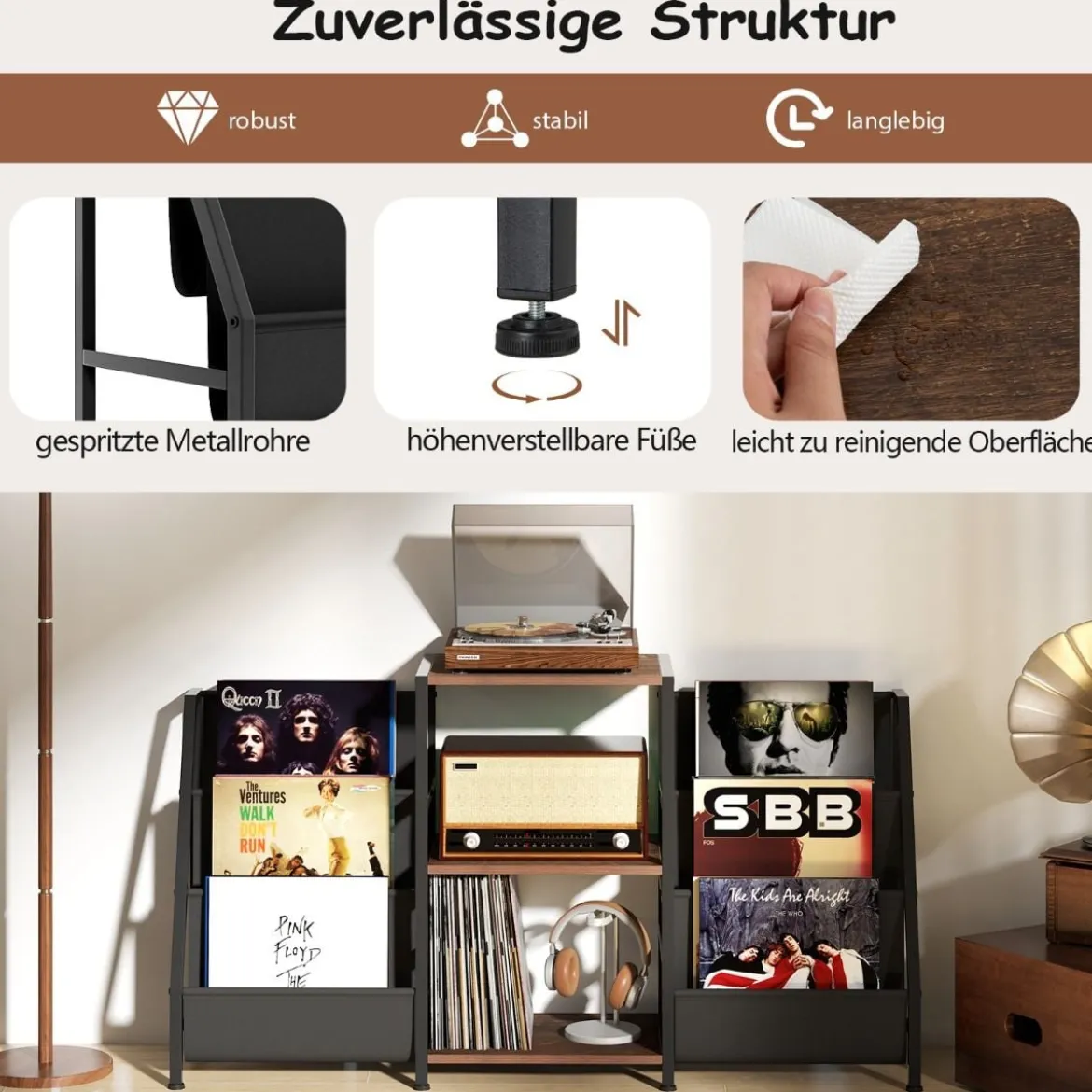 Plattenspielerständer mit Vinyl-Regal & 3 Ablagen & 6 Aufbewahrungstaschen Schallplattenständer