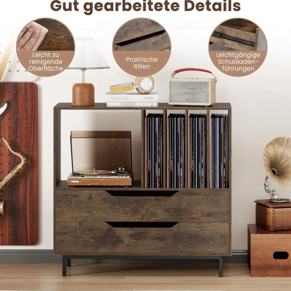Plattenspieler-Ständer mit 4 Vinyl-Fächern & 2 Schubladen Retro Vinyl Halterung Rustikal Braun
