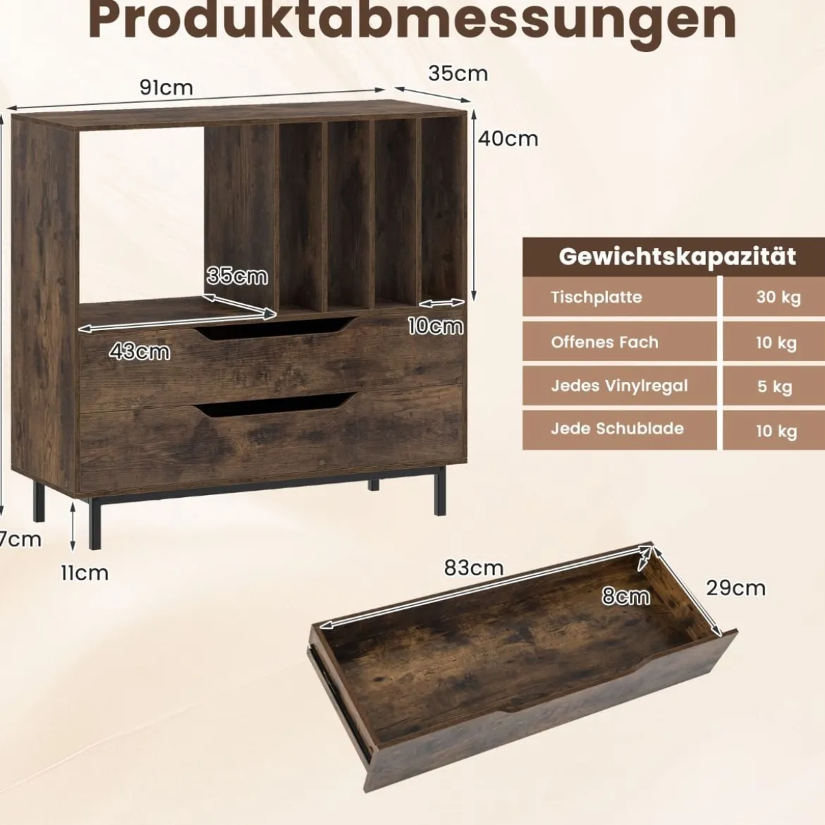 Plattenspieler-Ständer mit 4 Vinyl-Fächern & 2 Schubladen Retro Vinyl Halterung Rustikal Braun