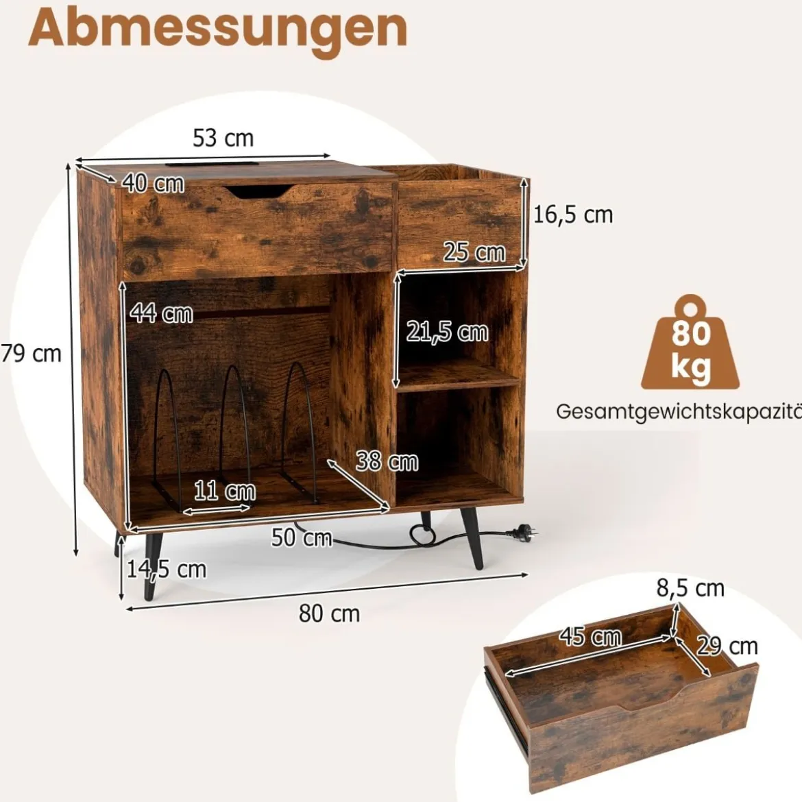 Plattenspielerständer Plattenschrank mit Steckdose & USB & Typ C 79,5 x 40 x 79 cm Rustikales Braun