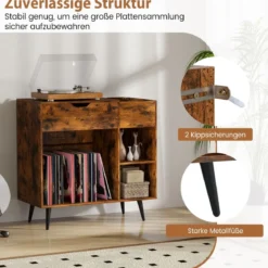 Plattenspielerständer Plattenschrank mit Steckdose & USB & Typ C 79,5 x 40 x 79 cm Rustikales Braun