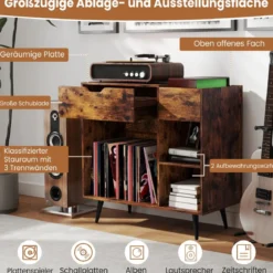 Plattenspielerständer Plattenschrank mit Steckdose & USB & Typ C 79,5 x 40 x 79 cm Rustikales Braun