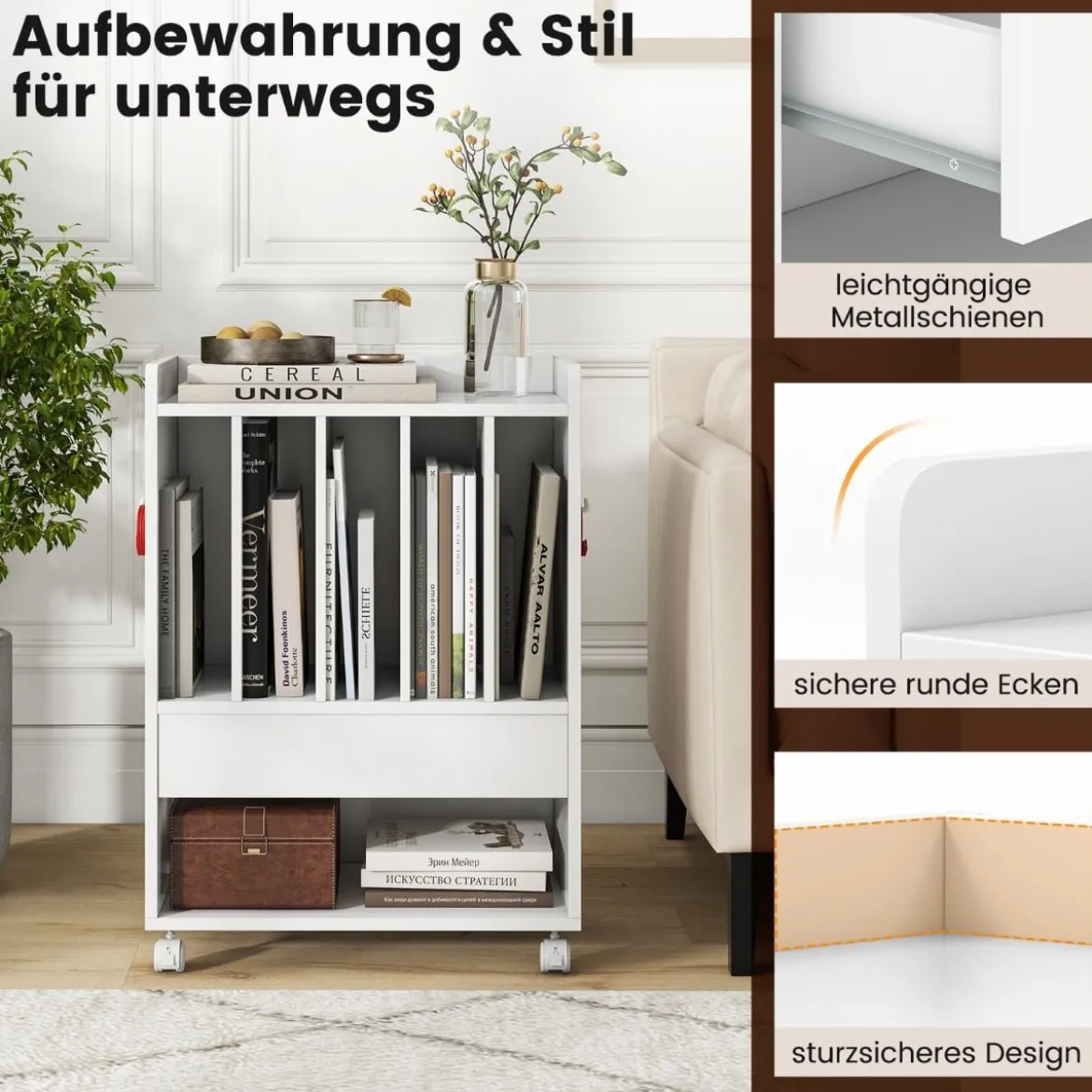 Plattenspielerständer Rollender Schallplattenständer mit Schublade Präsentationsregal für bis zu 180 Alben Weiß