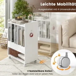 Plattenspielerständer Rollender Schallplattenständer mit Schublade Präsentationsregal für bis zu 180 Alben Weiß