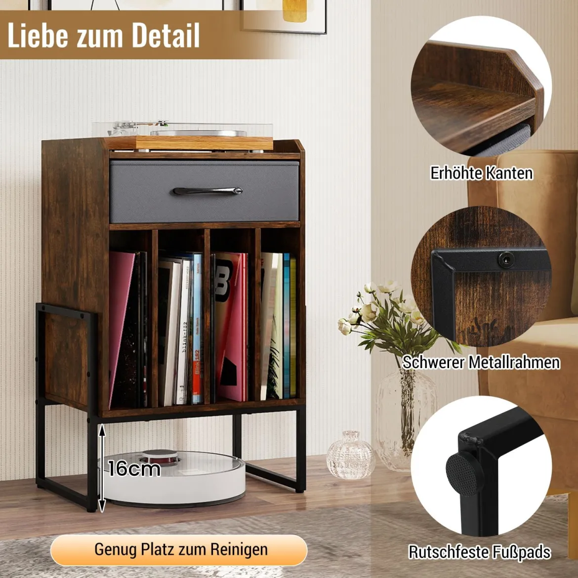 Plattenspieler Ständer Schallplatten Regal Mit 4 Fächern Bis 160 Alben Vinyl Schrank Für Wohnzimmer Braun