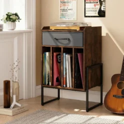 Plattenspieler Ständer Schallplatten Regal Mit 4 Fächern Bis 160 Alben Vinyl Schrank Für Wohnzimmer Braun