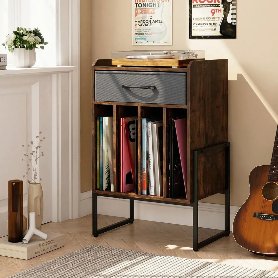 Plattenspieler Ständer Schallplatten Regal Mit 4 Fächern Bis 160 Alben Vinyl Schrank Für Wohnzimmer Braun