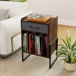 Plattenspieler Ständer Schallplatten Regal Mit 4 Fächern Bis 160 Alben Vinyl Schrank Für Wohnzimmer Braun