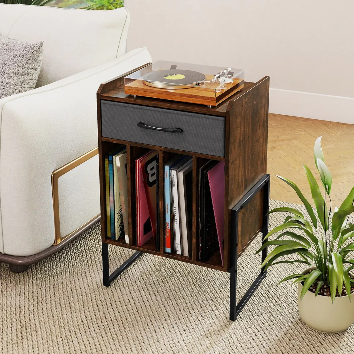 Plattenspieler Ständer Schallplatten Regal Mit 4 Fächern Bis 160 Alben Vinyl Schrank Für Wohnzimmer Braun