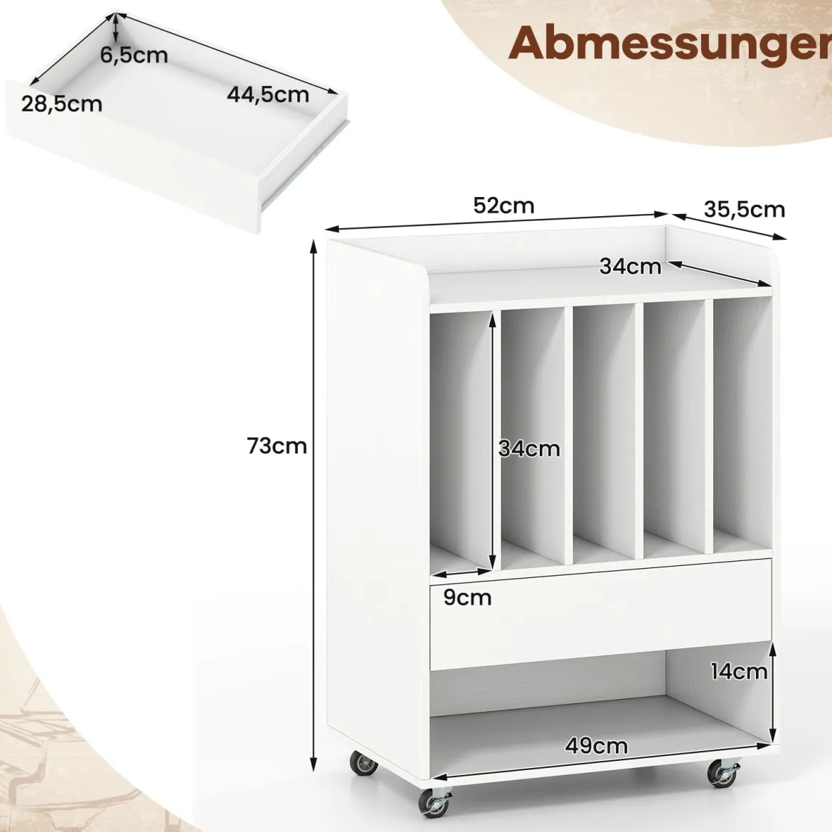 Plattenspieler Tisch mit 5 Fächern & Schublade Plattenständer Vinylaufbewahrung mit Rollen Weiß