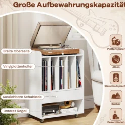Plattenspieler Tisch mit 5 Fächern & Schublade Plattenständer Vinylaufbewahrung mit Rollen Weiß
