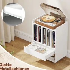 Plattenspieler Tisch mit 5 Fächern & Schublade Plattenständer Vinylaufbewahrung mit Rollen Weiß