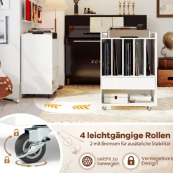 Plattenspieler Tisch mit 5 Fächern & Schublade Plattenständer Vinylaufbewahrung mit Rollen Weiß