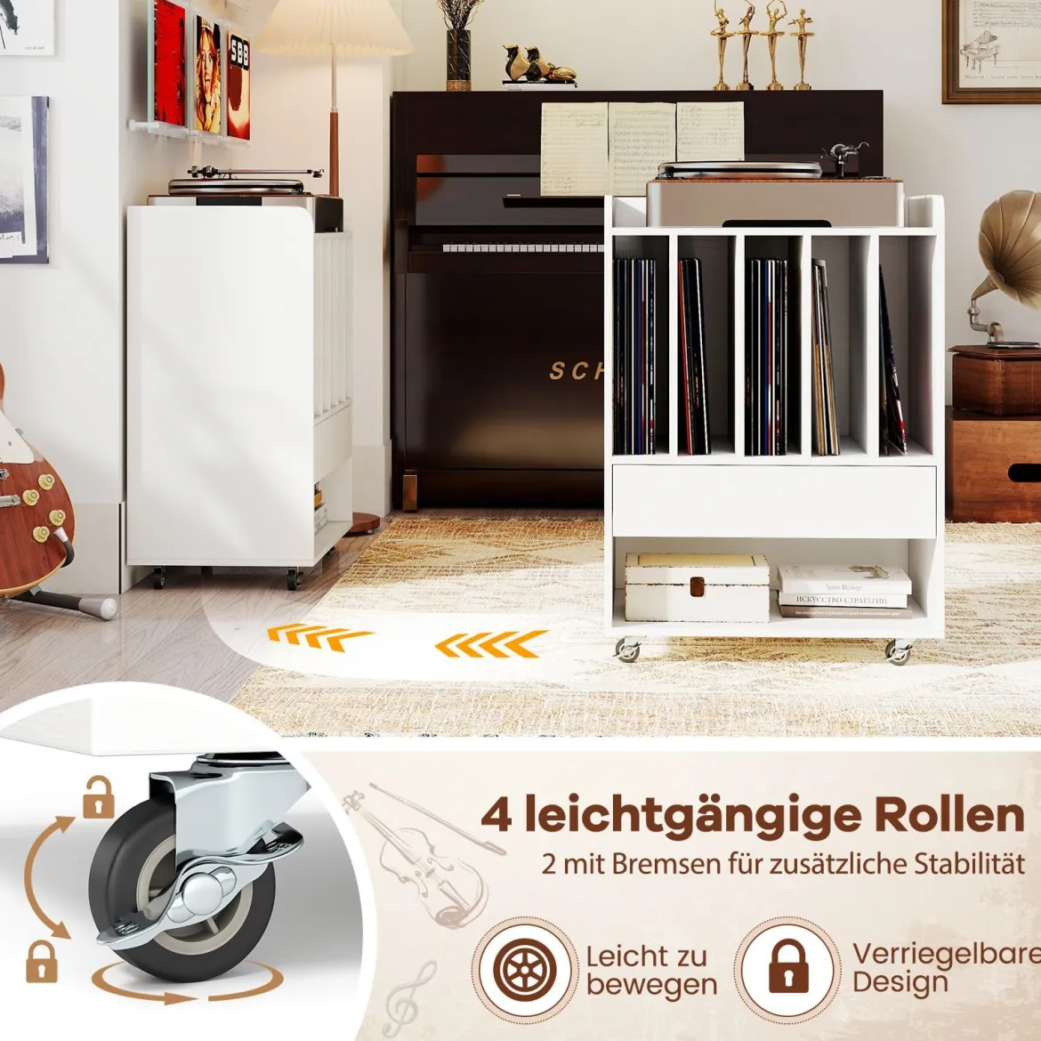 Plattenspieler Tisch mit 5 Fächern & Schublade Plattenständer Vinylaufbewahrung mit Rollen Weiß