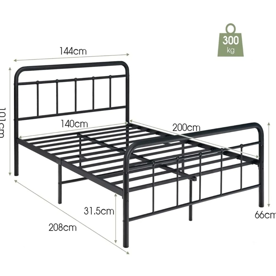 Plattformbett aus Metall Hochbelastbares Bettgestell mit Stahllatten 208 x 144 x 101 cm Schwarz
