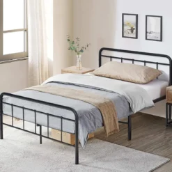 Plattformbett aus Metall Hochbelastbares Bettgestell mit Stahllatten 208 x 144 x 101 cm Schwarz