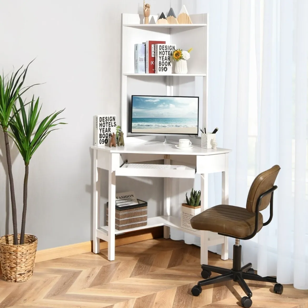 Platzsparender Eck-Computertisch mit Bücherregalen & Tastaturfach & Ablageflächen Weiß