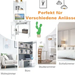 Platzsparender Eck-Computertisch mit Bücherregalen & Tastaturfach & Ablageflächen Weiß