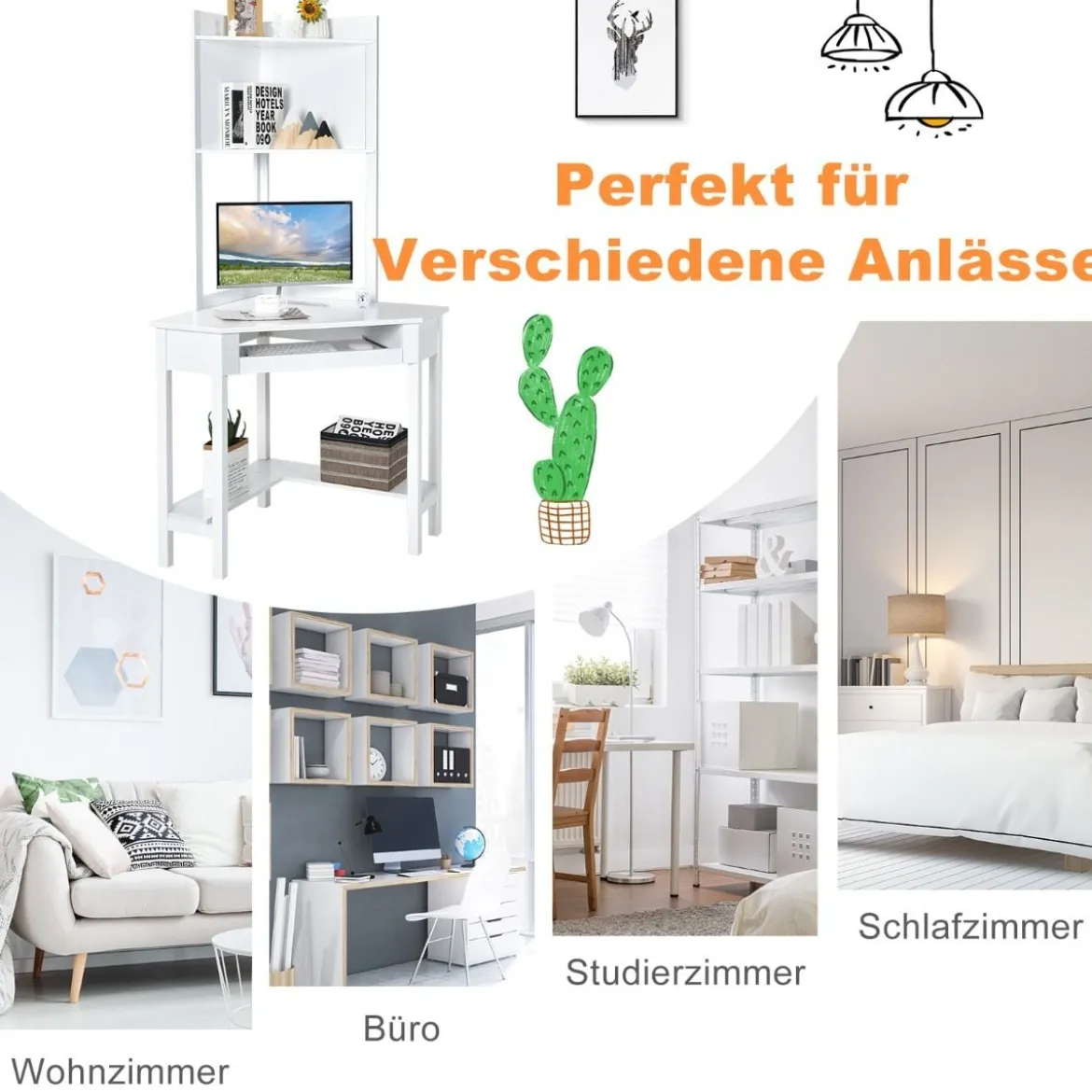 Platzsparender Eck-Computertisch mit Bücherregalen & Tastaturfach & Ablageflächen Weiß