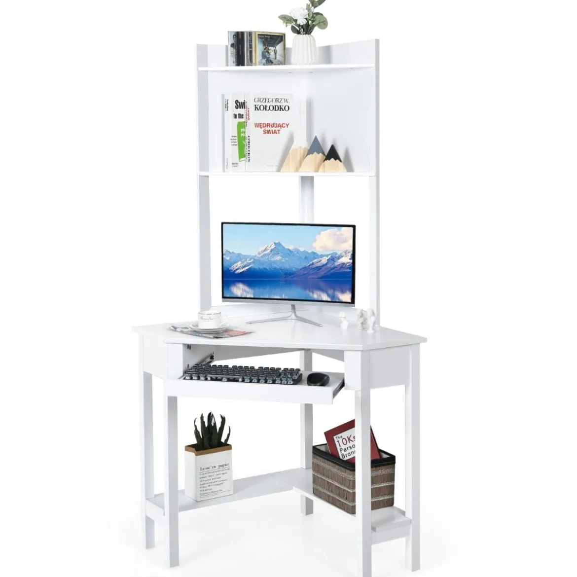 Platzsparender Eck-Computertisch mit Bücherregalen & Tastaturfach & Ablageflächen Weiß