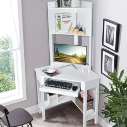Platzsparender Eck-Computertisch mit Bücherregalen & Tastaturfach & Ablageflächen Weiß