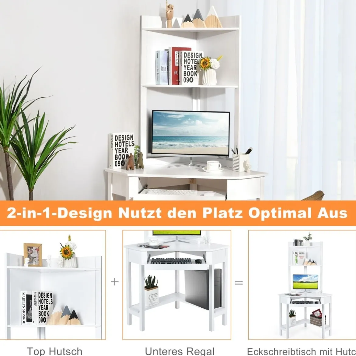 Platzsparender Eck-Computertisch mit Bücherregalen & Tastaturfach & Ablageflächen Weiß
