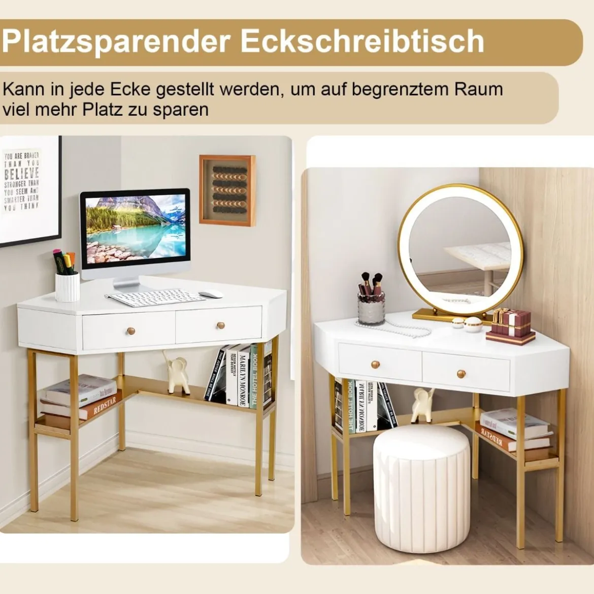 Platzsparender Eck Schreibarbeitstisch mit 2 Großen Schubladen und Ablagefläche für Kleine Räume Golden