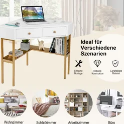Platzsparender Eck Schreibarbeitstisch mit 2 Großen Schubladen und Ablagefläche für Kleine Räume Golden